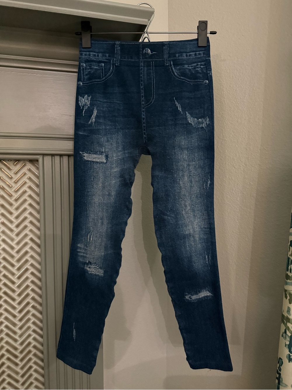 Women’s Dark Blue Distressed Leggings - Stretch Denim Look